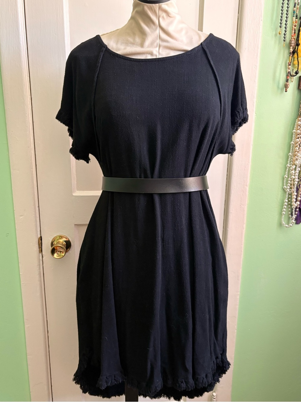 Umgee Black Short Sleeve Shift Dress with Frayed Trim